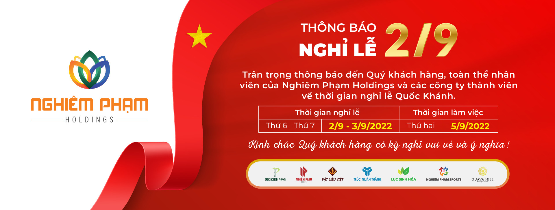 Nghiêm Phạm Holdings thông báo nghỉ lễ Quốc Khánh Việt Nam – 02/09/2022